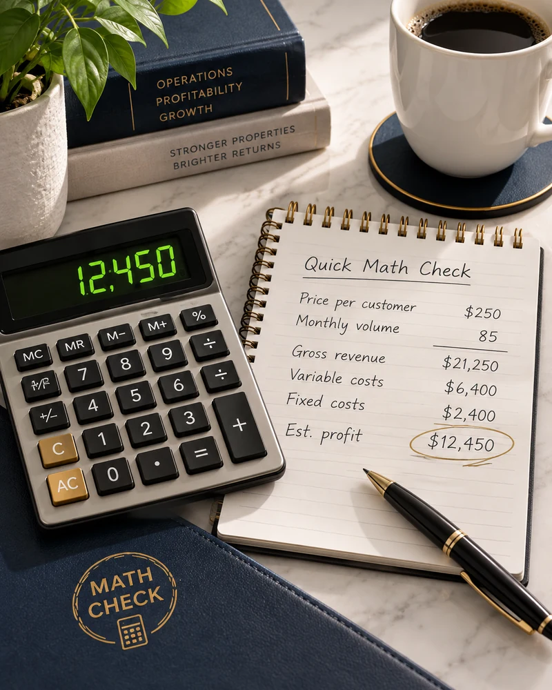 Blueprint Bureau Math Check workspace with calculator, notebook, and business math